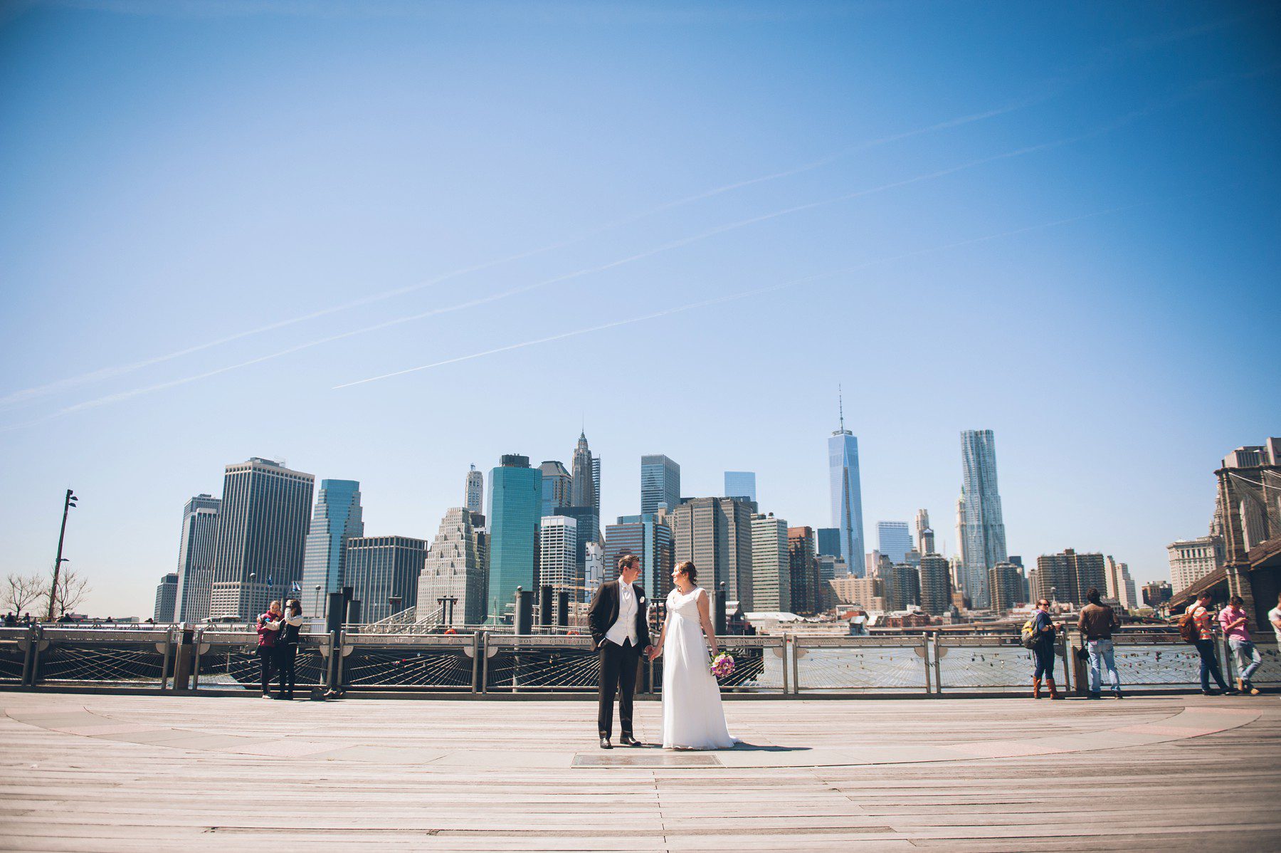 nyc skyline with bride and groom