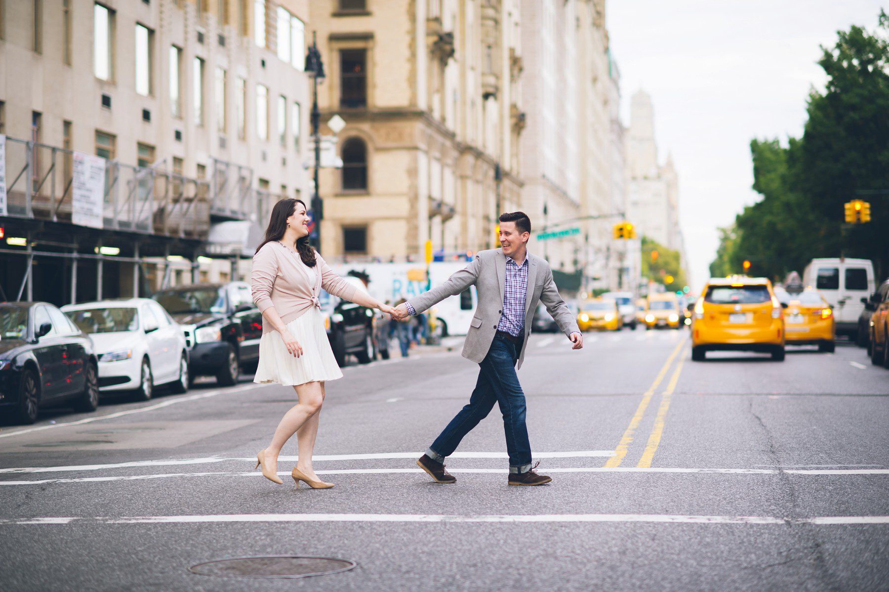 new york engagement session, crossing street shot