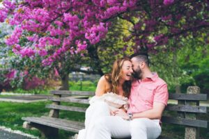 Cherry Blossom in NYC: Riverside Park Engagement Photos by Sascha Reinking Photography