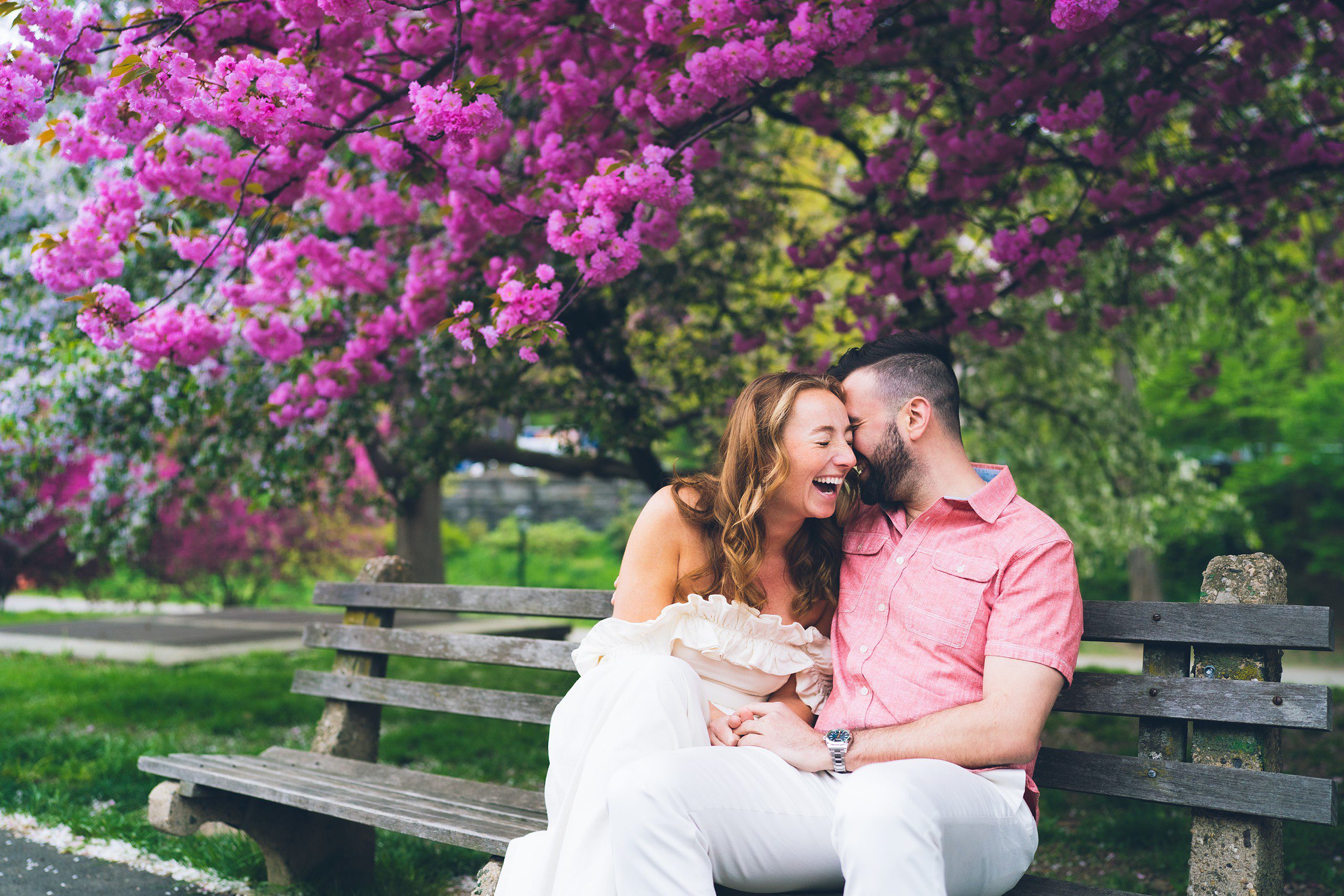 Cherry Blossom in NYC: Riverside Park Engagement Photos by Sascha Reinking Photography
