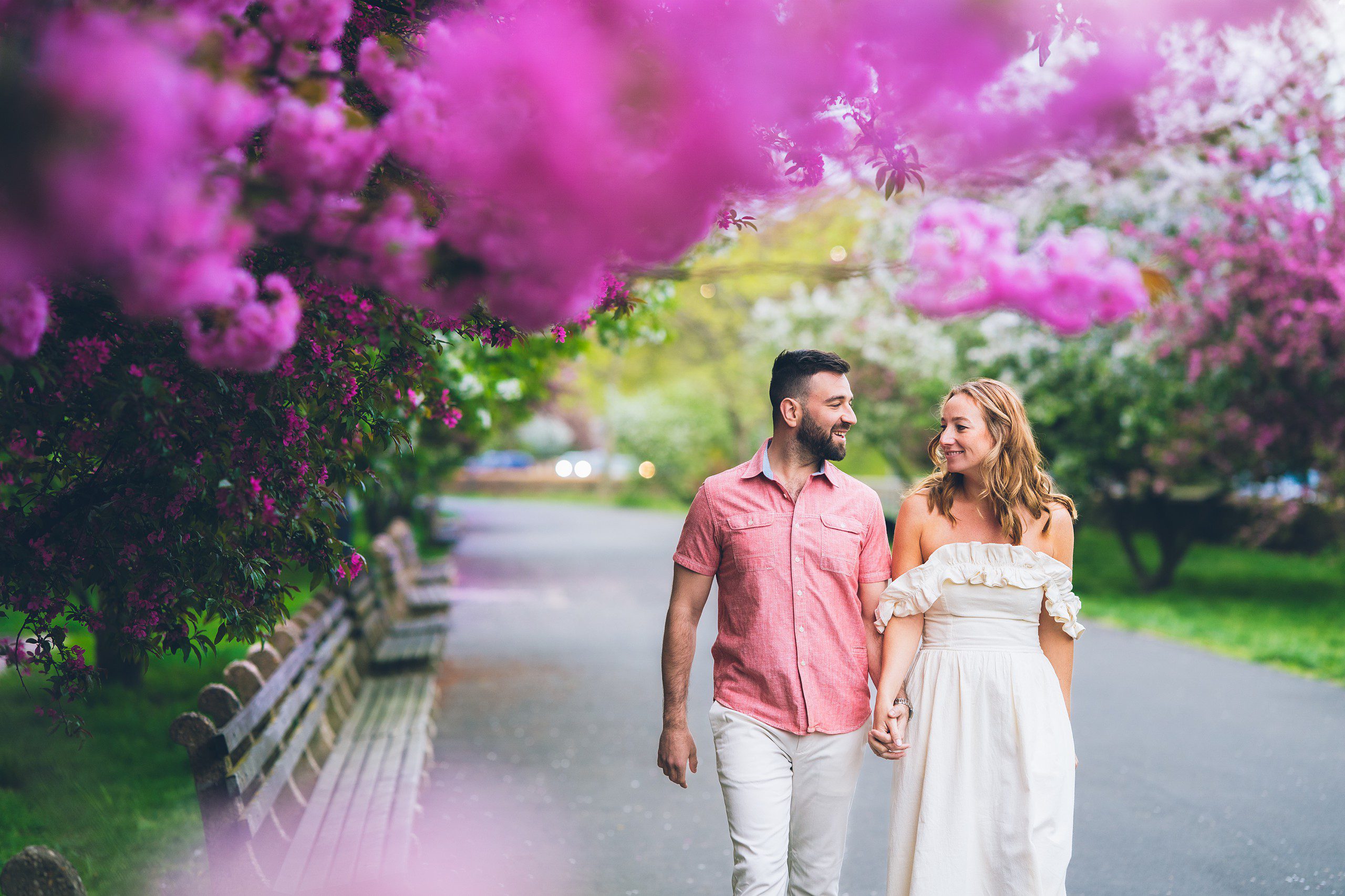 Cherry Blossom in NYC: Riverside Park Engagement Photos by Sascha Reinking Photography